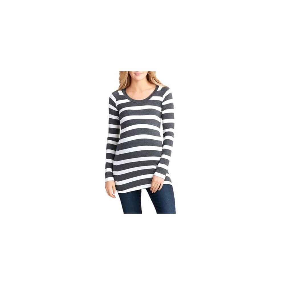 NOM Womens Gray Stretch Striped Long Sleeve Round Neck Top Maternity L
